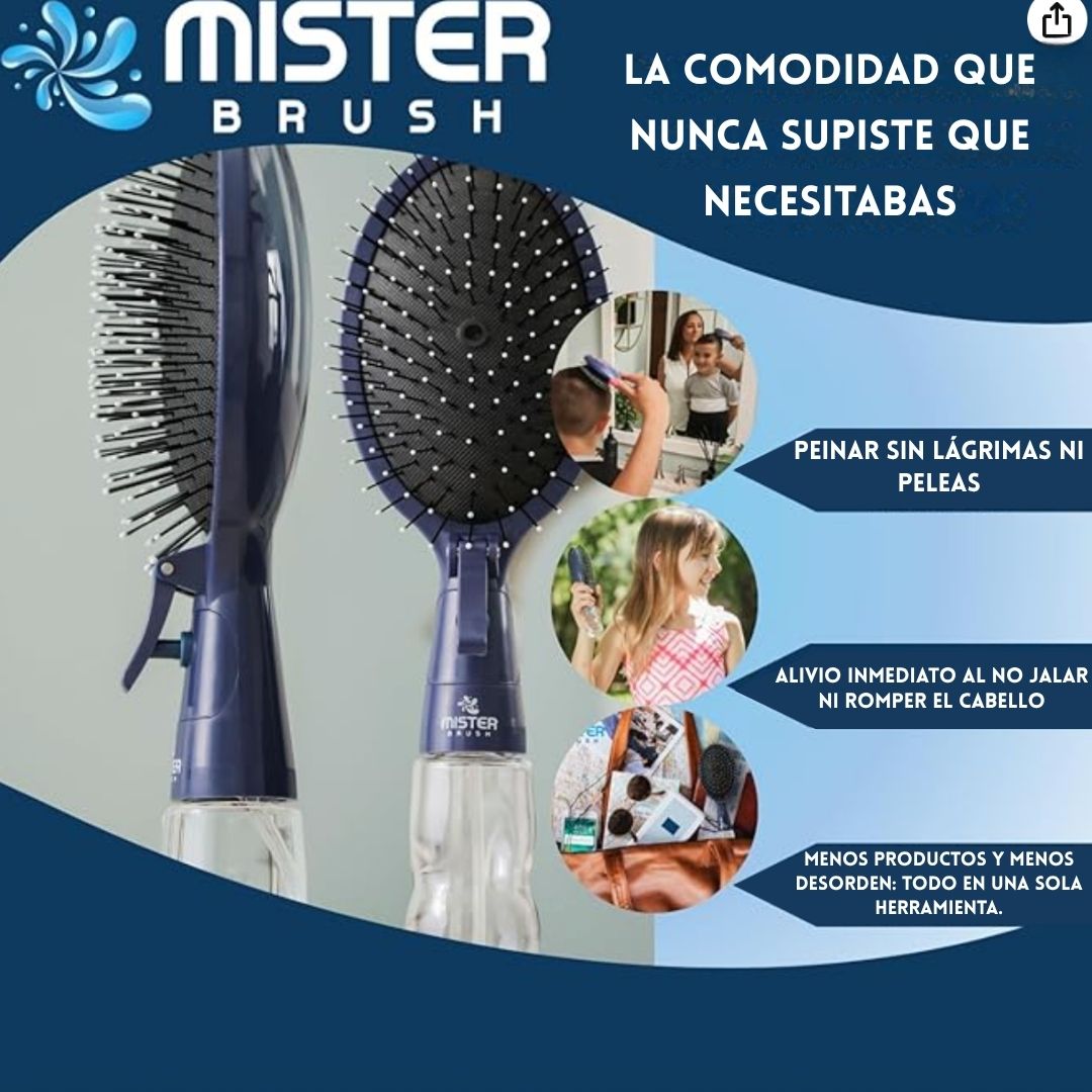 Mister Brush®️ Cepillo + Spray, Desenreda, Hidrata y Estiliza en un solo paso.