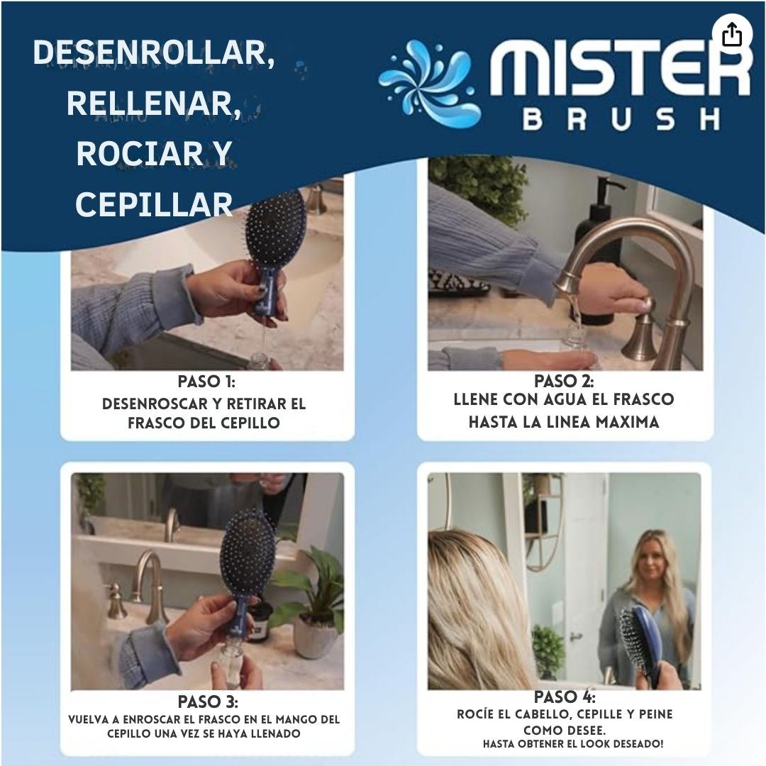 Mister Brush®️ Cepillo + Spray, Desenreda, Hidrata y Estiliza en un solo paso.