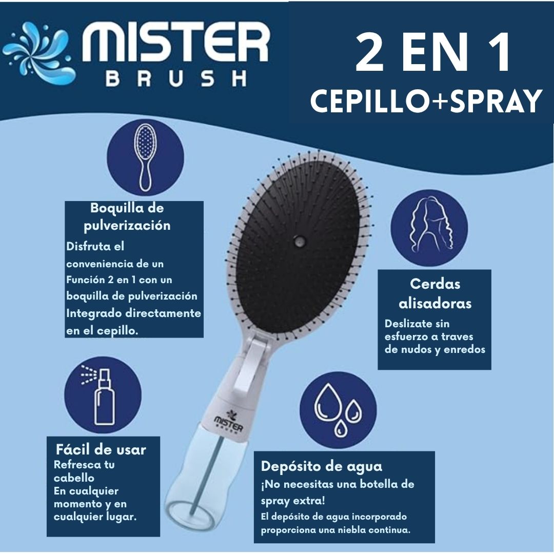 Mister Brush®️ Cepillo + Spray, Desenreda, Hidrata y Estiliza en un solo paso.